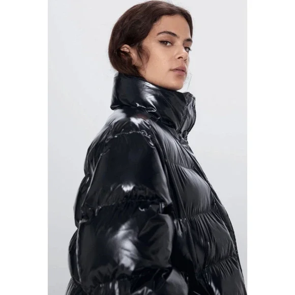 Zara Oversized Puffer Coat Glossy Shiny Jacket Size Medium‎ Black Vogue Runway